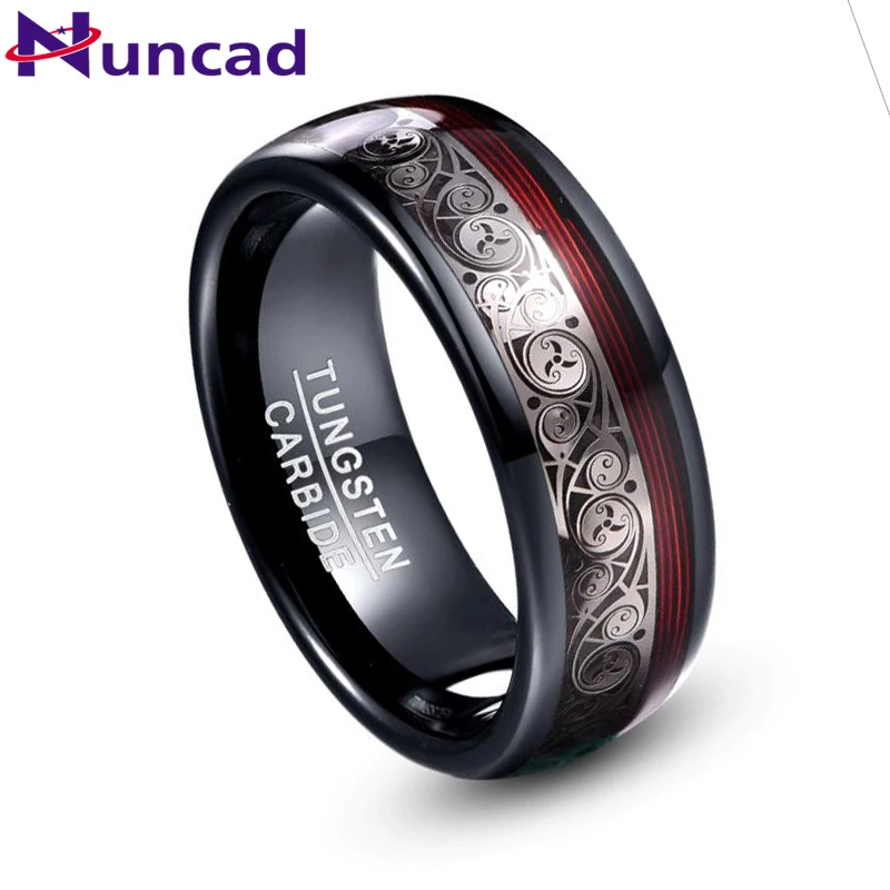

NUNCAD, вольфрамовое стальное кольцо шириной 8 мм, черная инкрустация, тройной спиральный узор + красная гитарная струна, кольцо из карбида вольфрама