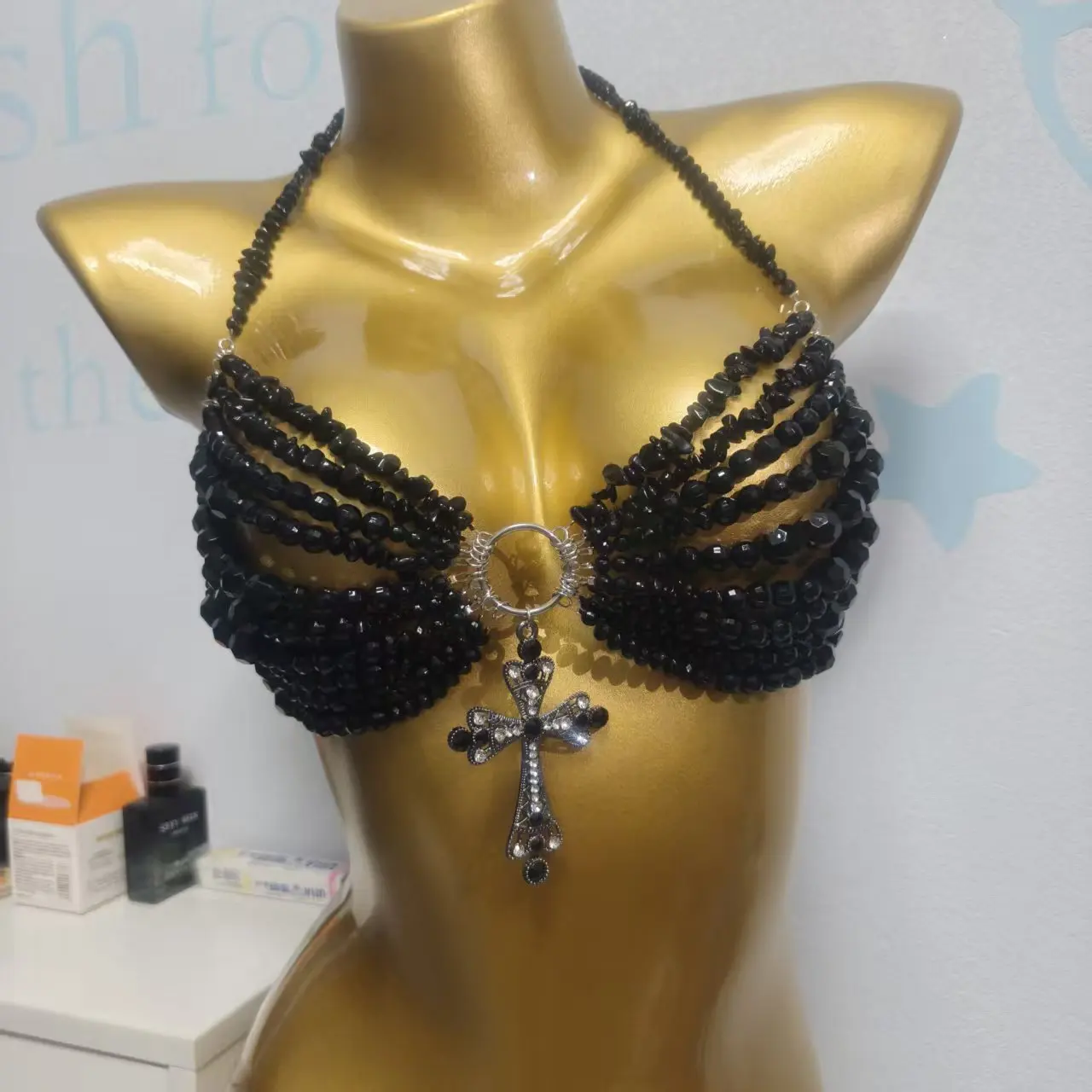 Handmade Fashion Beaded Bra Women'S Top Small Tank Top Body Chain Chest Chain Black Beaded Top Beach Chest Decoration