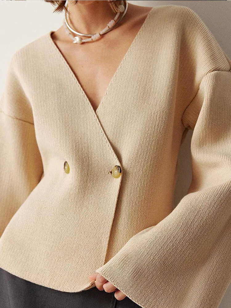 Elegante Ancora rote Doppelknöpfe Strickjacke Damenmode V-Ausschnitt abgeschnitten Langarm Pullover 2024 Bürodame Pullover