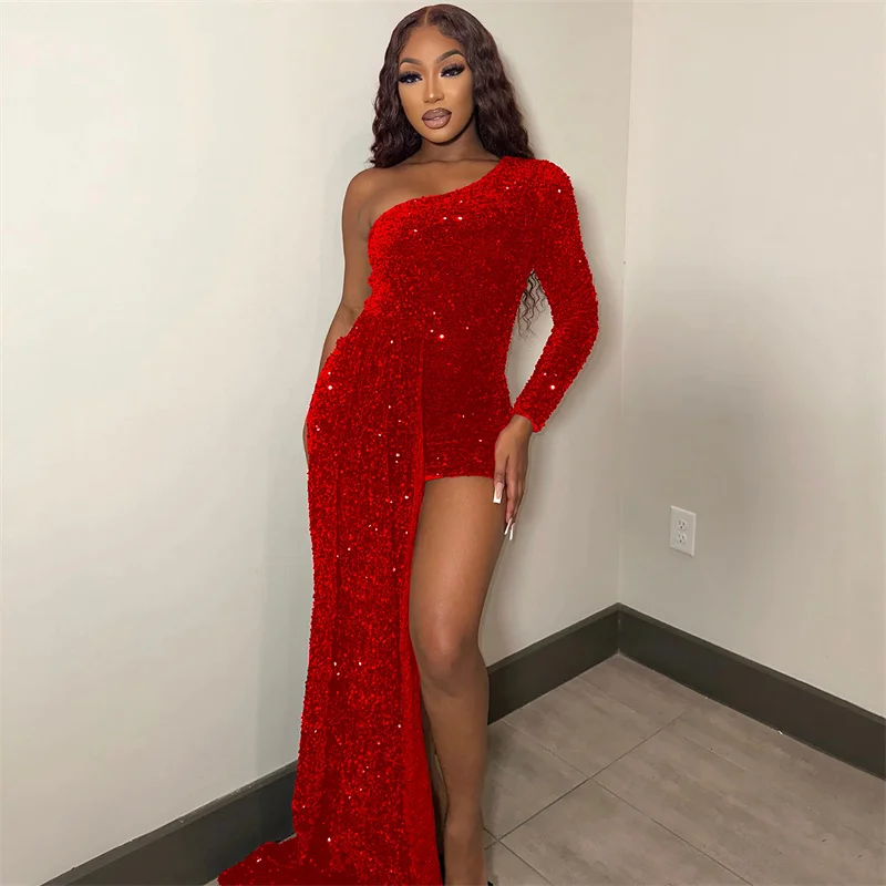 

Блестящие вечерние платья с одним открытым плечом и блестками, женские облегающие бархатные длинные элегантные платья для свадьбы, ночного клуба, выпускного вечера, рождественской вечеринки
