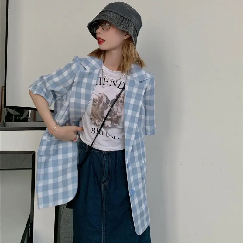 

Thin Plaid Blazers Women Summer Student Sweet Trends Short Sleeve Preppy Single Breasted Suits Notched Collar Cozy Slim Outwear