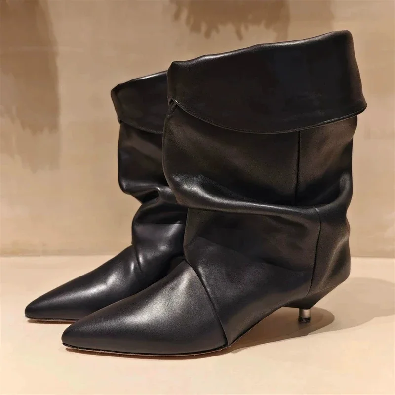 

Aneikeh Designer Wrinkle Ankle Boots Women Pointed Toe Low Heels Short Booties Turned-over Edge Winter Autumn Ladies Shoes