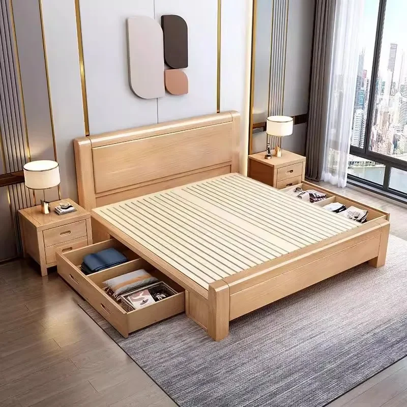 سرير سميك، خشب زان، سرير من الخشب الصلب، بسيط، حديث، غرفة نوم رئيسية، مزدوج