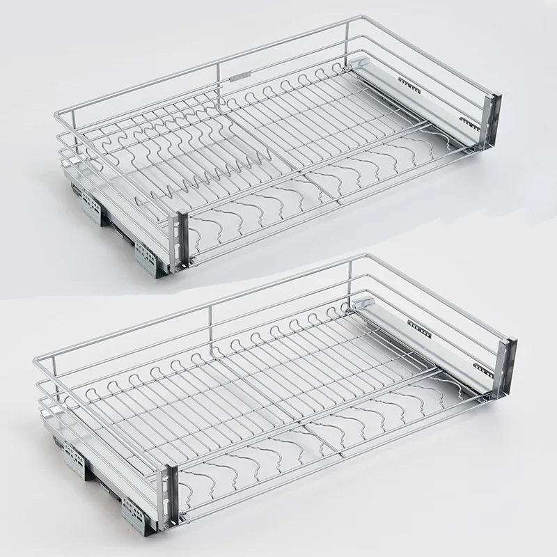 Cabinet stainless steel round wire nano pull basket, kitchen bold on three sides, double drawer type pull basket storage basket