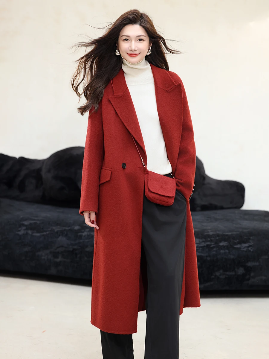 

2024 New Red Wedding Woolen Coat for Women Medium Length Tweed Jaet with Double-Sided Tweed oulder Bag Commute Sle Long...