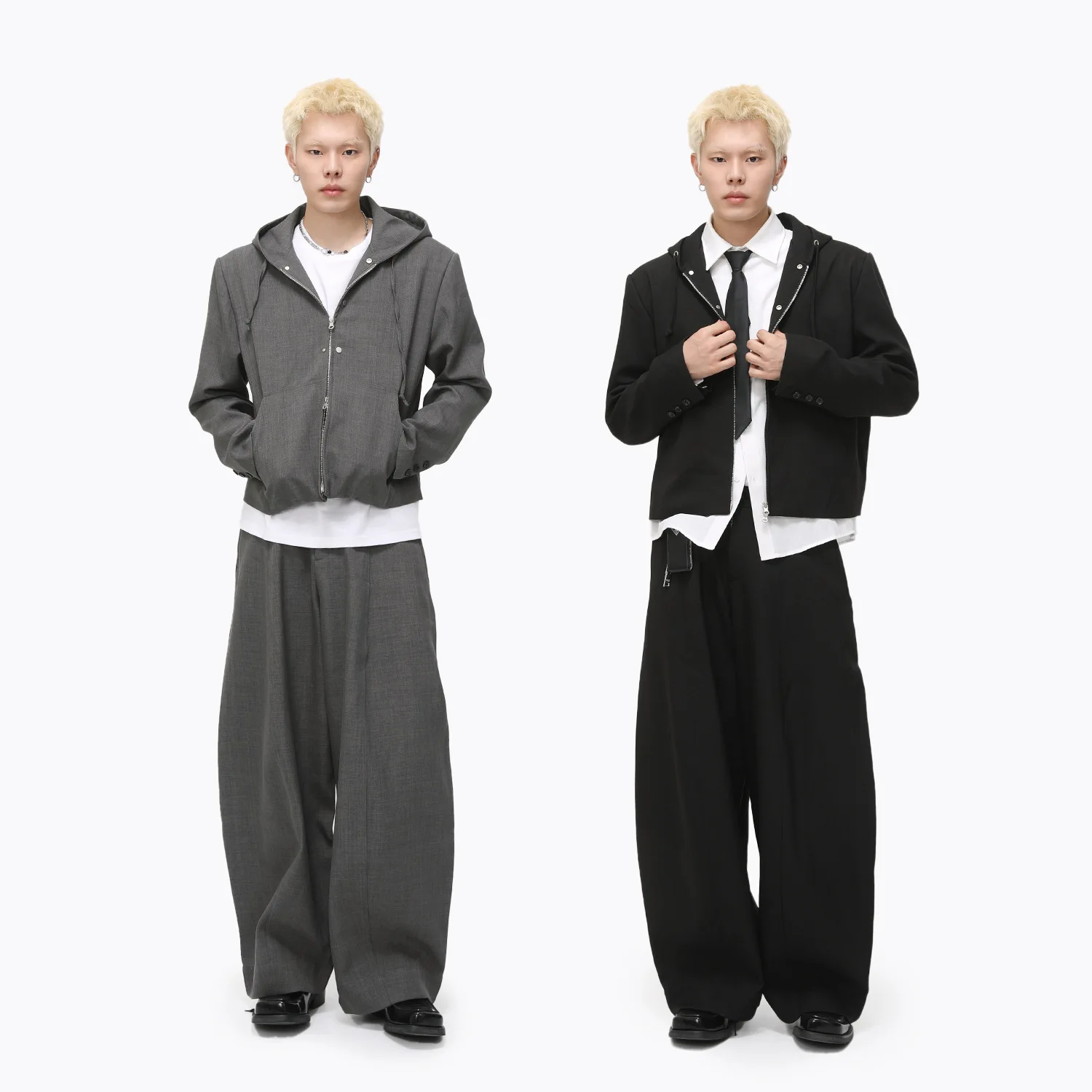 

Hooded Padded Shoulders Men's Set, Korean-style Causal Men's 2-piece Sets, Solid Color Jackets Baggy Pants Tracksuits For Man