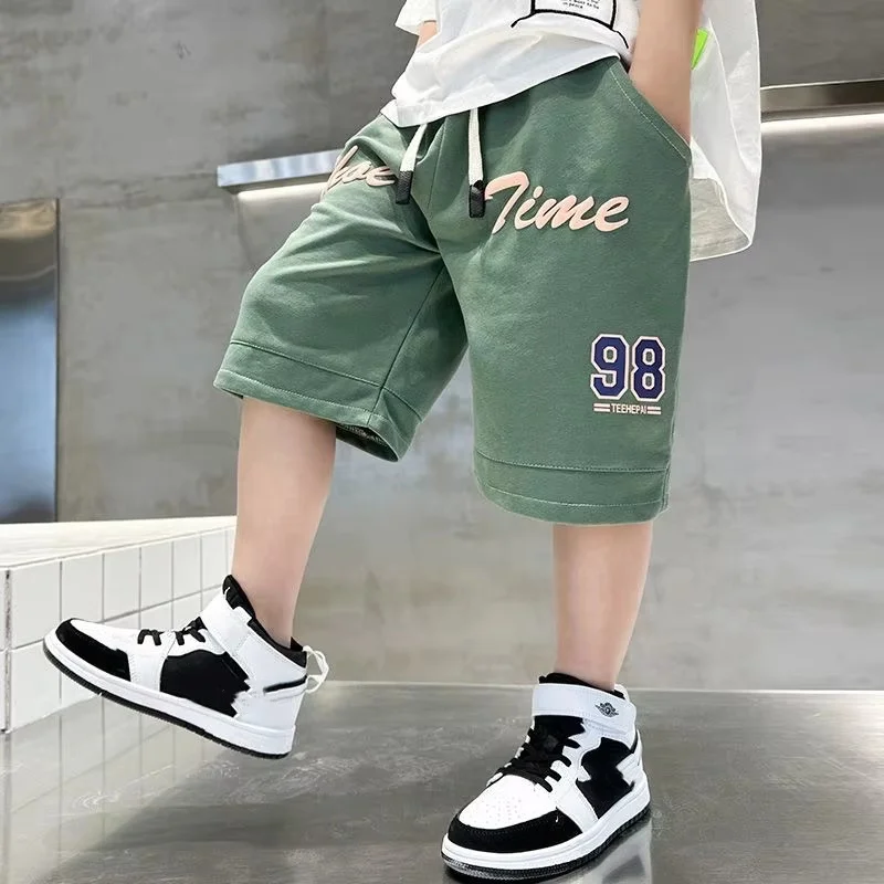 Children Loose Style Show Time Letter Print Shorts for Tween Boys New Summer Bottom Short Pants Kids Teenager Khaki Black Shorts