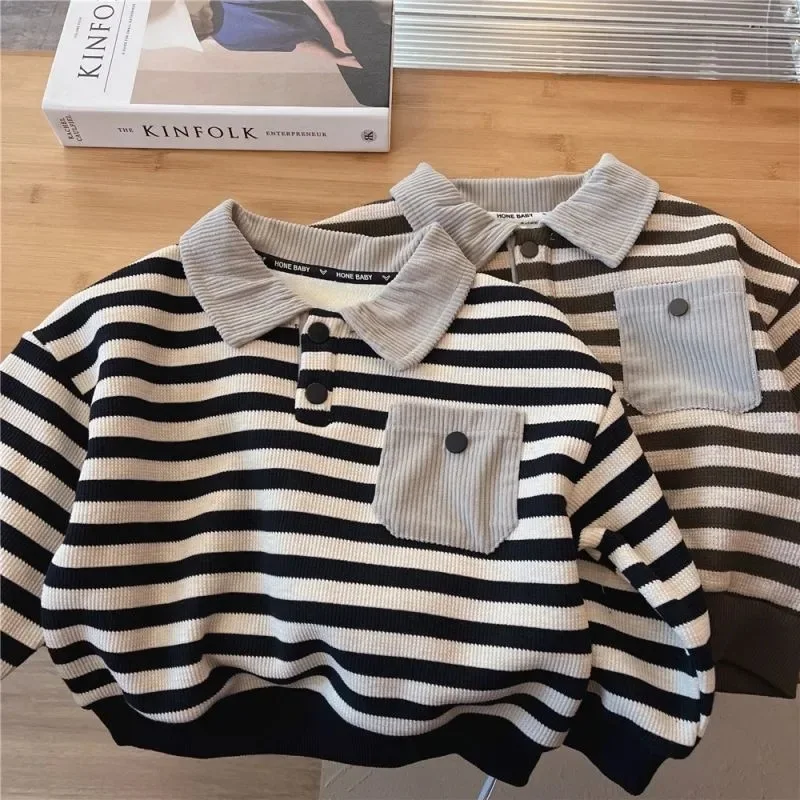 

2025 Winter New Children Fleece Sweatshirt Cotton Baby Plus Velvet Thick Warm Tops Kids Boys Long Sleeve Striped Polo Shirts