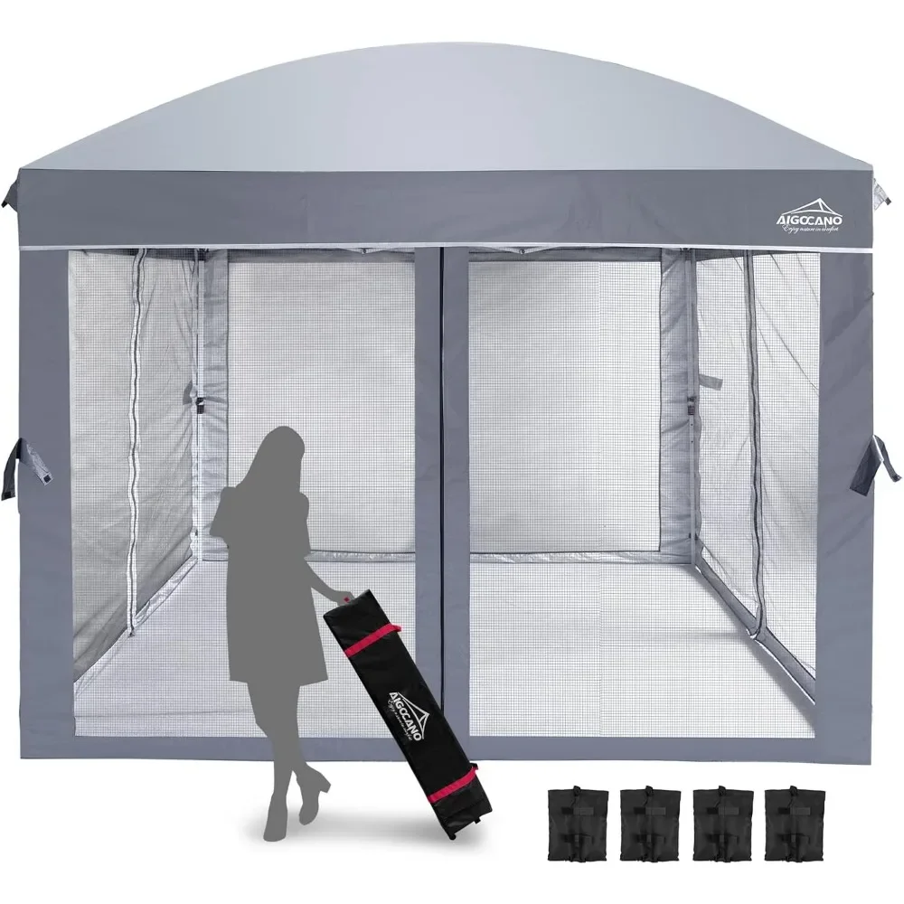 

Палатка с навесом и сетчатой сеткой, легкая выдвижная беседка 10x10 для вечеринок на открытом воздухе, кемпинга, складная беседка для патио с сумкой на роликах и 4