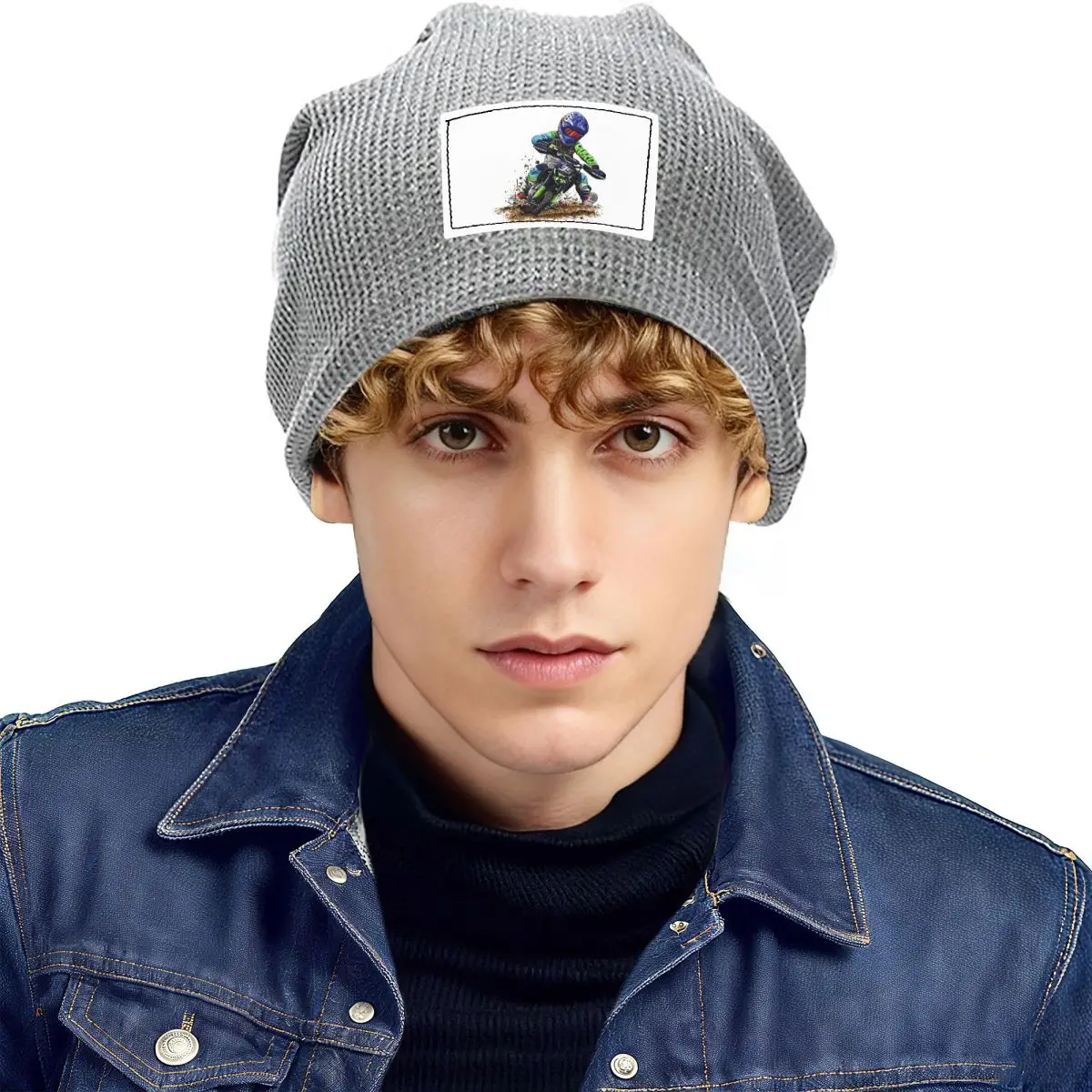 Motocross Dirt Bike Studios MX Rider 35 Waffle Knit Fleece Lined Beanie with PU Leather Patch Unisex Warm Winter Soft Cap