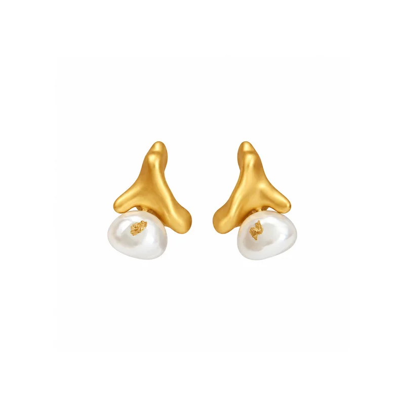 Vintage Abstract Irregular Matte Gold Stud Earrings Baroque Pearl 18K Real Gold Plated Unique Designer Luxury Statement Ear 3