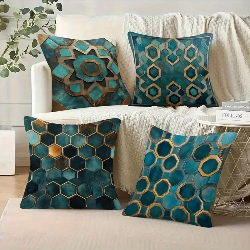 

Наволочка с шестигранным узором Artisanal Teal — подушка с геометрической мозаикой для глобального богемного домашнего декора