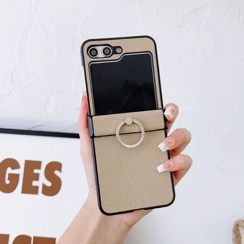 Litchi Patterned Leather Phone Case for Samsung Galaxy Z Flip 7 6 5 4 3 Flip6 Flip5 Flip4 Flip3 5G Ring Holder Shockproof Cover