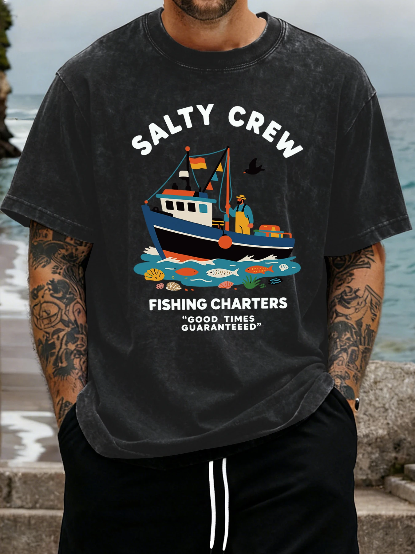 Camiseta Vintage Salty Crew Fishing Charters, Estilo Lavado, Masculina, Verão, Tops Frescos, Algodão, Estilo Urbano, Hip Hop, Camiseta Solta
