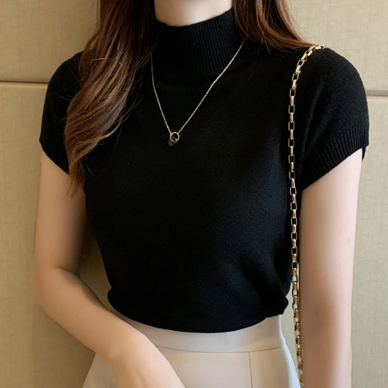 T-shirt Woman Clothing Solid Half High Neck Pullover Knitted Tops Fashion Blouse Casual Base Bottom Shirts Soft spring summer