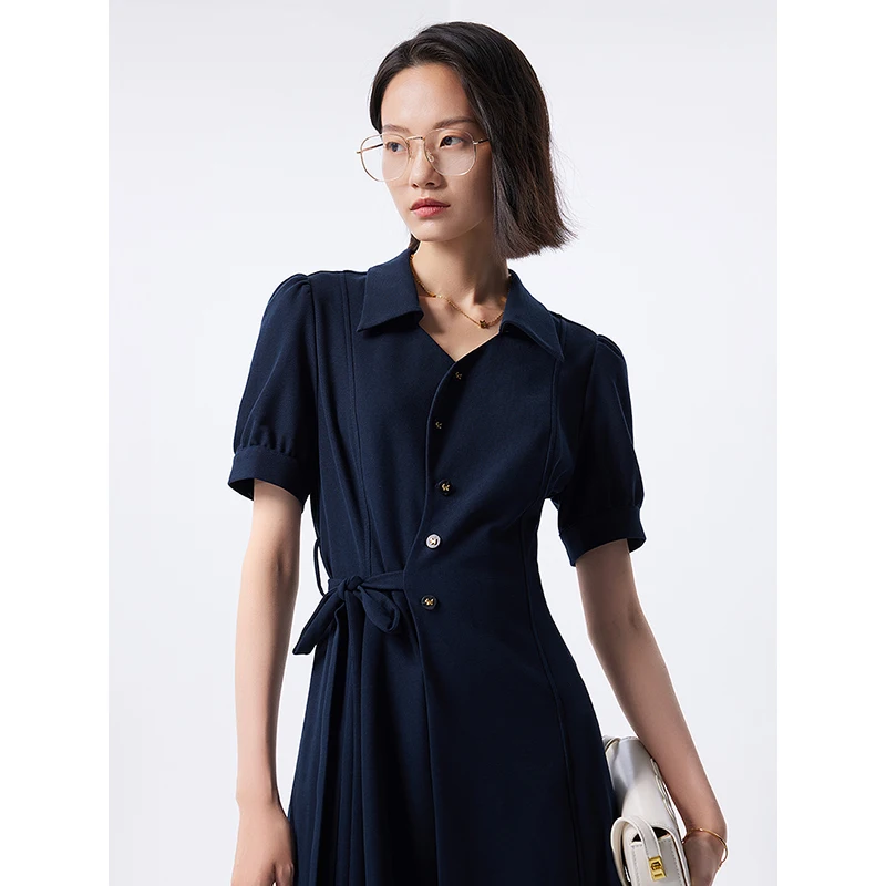 TOYOUTH Women Dress 2024 Summer New Lace Up Waistband Turn Down Collar Buff Sleeve Casual Mid Length Luxury Navy Fashion Dress