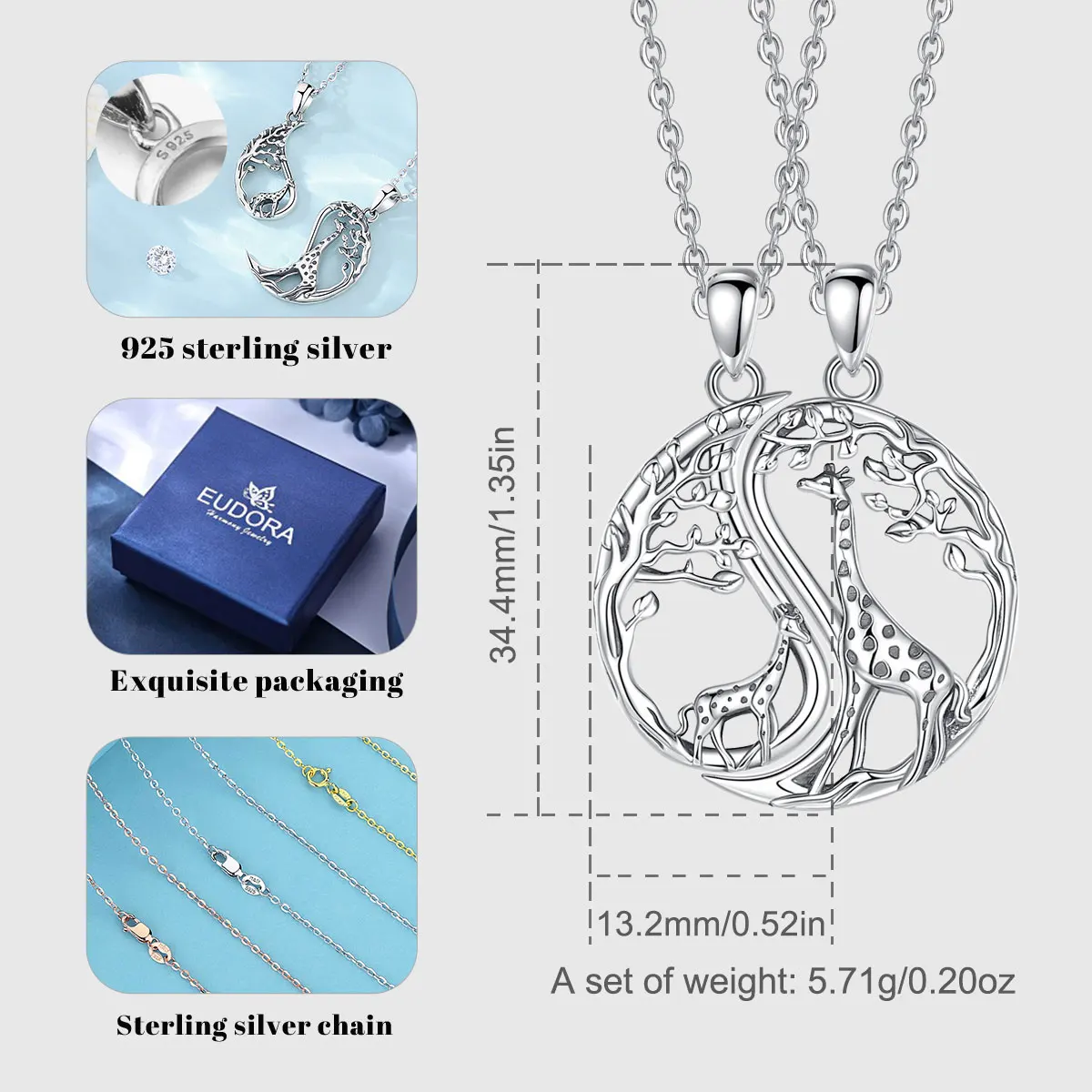 Eudora 925 Sterling Silver Sister Gifts Sister Necklace for 2 Pcs/ Set Giraffe Pendant Necklaces Friendship Jewelry for Girls