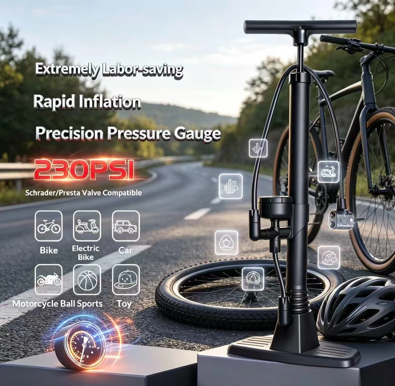 

Bicycle Pump High-pressure Portable Hand Tire Air Inflator 3-in-1 Nozzle Schrader Presta Valve Mountain Road Bike Accessories