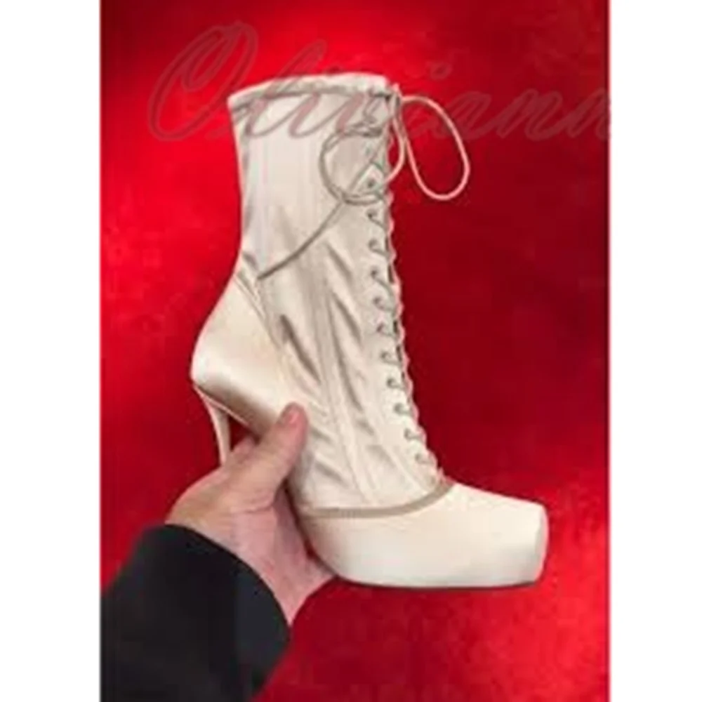 

Solid Silk Small Square Toe Front Lace-up Mid Calf Boots Stileto High Heel Elegant Party Fashion Women Shoes Cross Tied