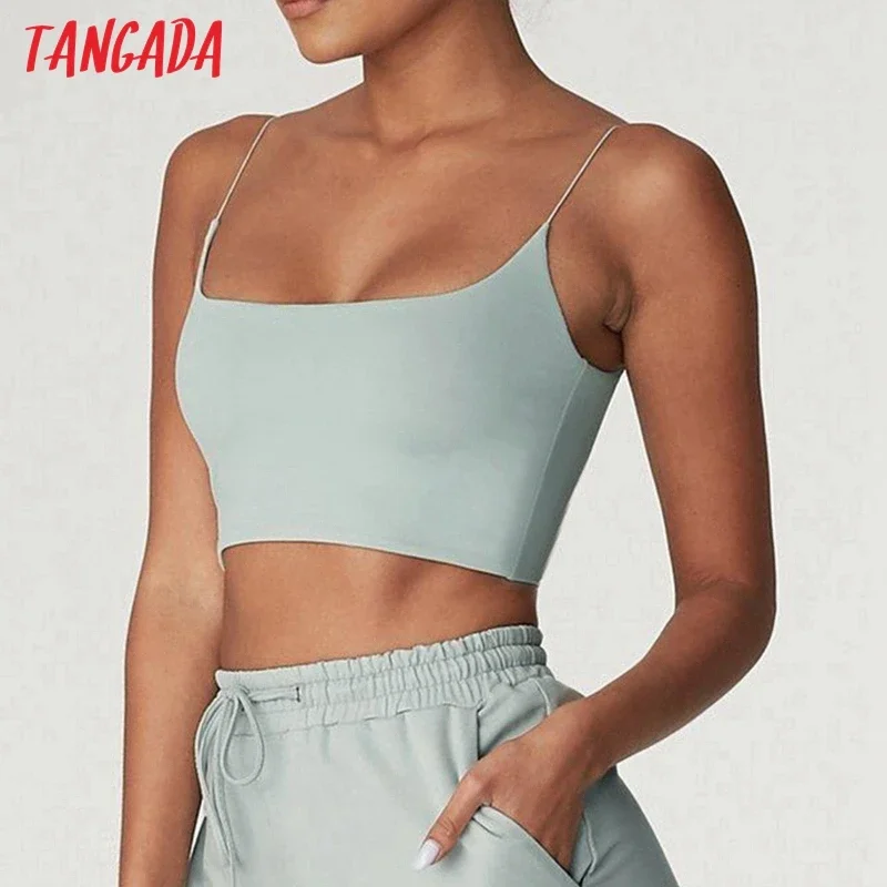 Tangada women sexy candy color strethy camis top spaghetti strap sleeveless backless short blouses shirts female solid tops 4P7