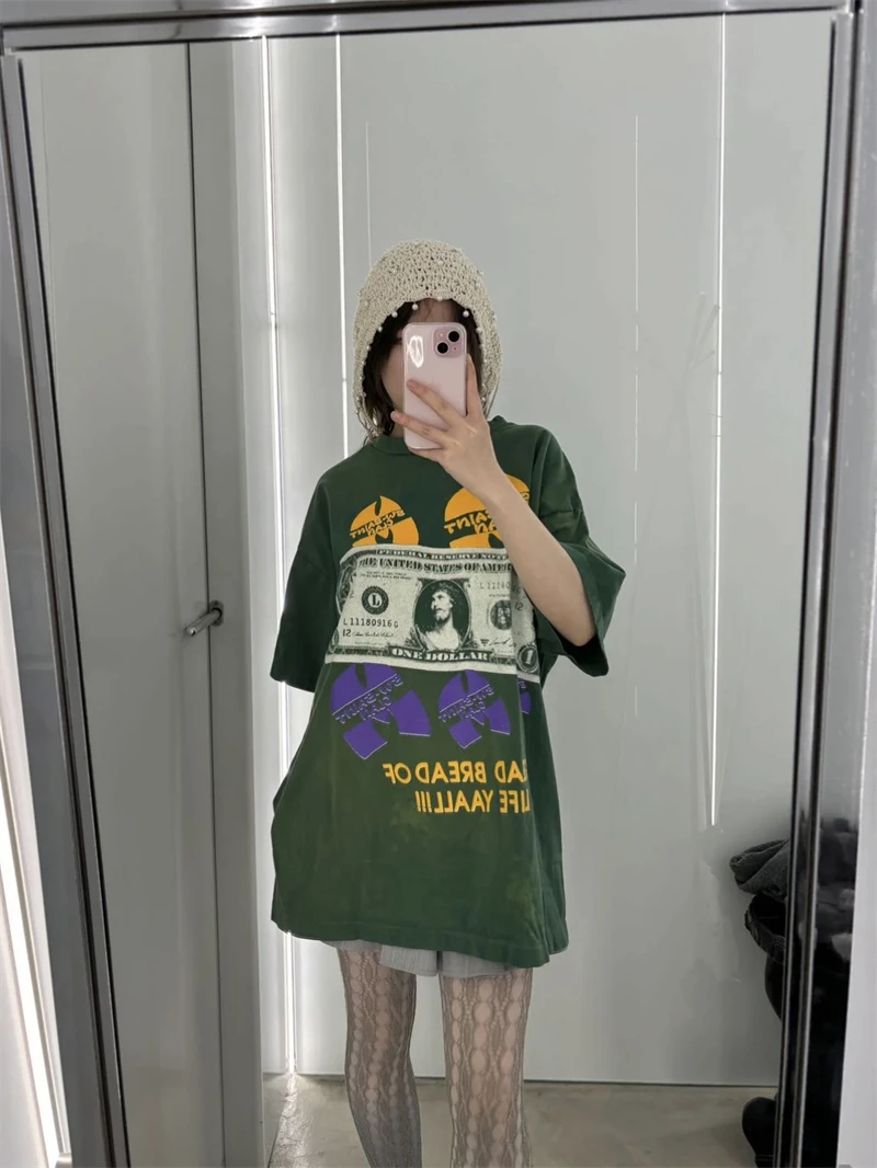 Vintage Summer Green USD Pattern Printed Short Sleeve High Street Casual Oversize T-shirt Trendy Brand Round Neck Pure Cotton