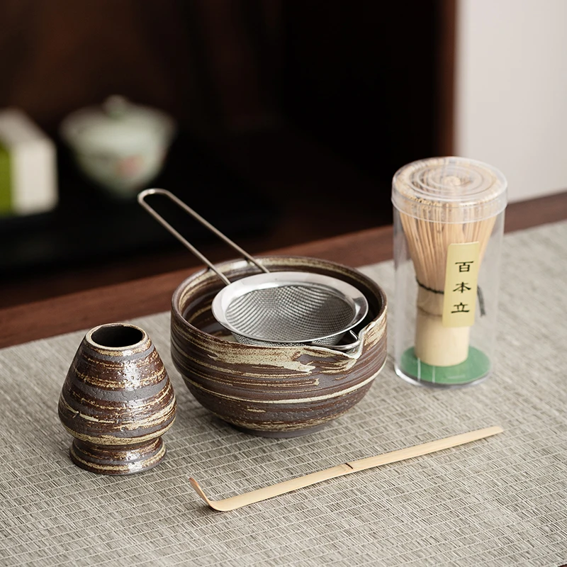

5-piece Exquisite Matcha Tea Ceremony Set, including Ceramic Matcha Bowl Teaware, Bamboo Spoon, Tea Whisk, and Sieve