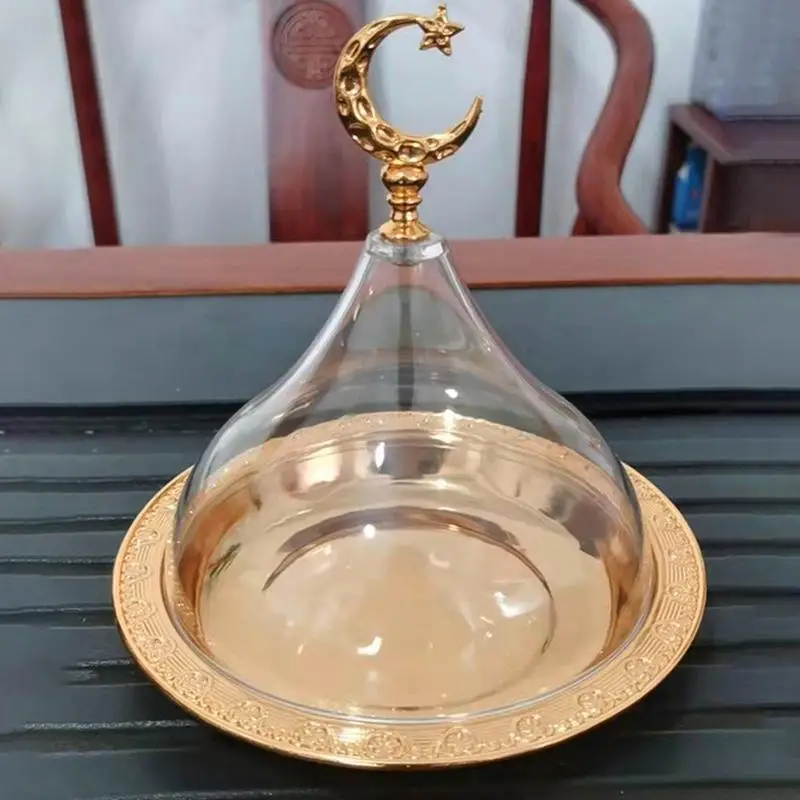 Bandeja de Metal para Ramadán con tapa de cúpula transparente, Mini bandeja para dulces y pasteles, bandeja de postre reutilizable, organizador redondo de almacenamiento de alimentos para nueces y dulces