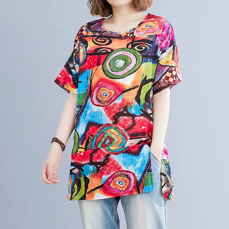 Vintage Hand-Painted Printed Midi Pullovers Casual Spliced Loose Women\'s Clothing Round Neck Summer Stylish Short Sleeve T-shirt