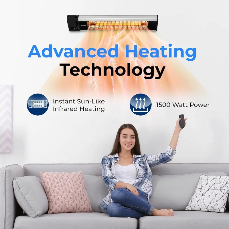 Infrared Patio Heater, 1500W, IP65 Approved, Odorless, Wall-Mounted Electric Heater With Remote, Indoor/Outdoor For P