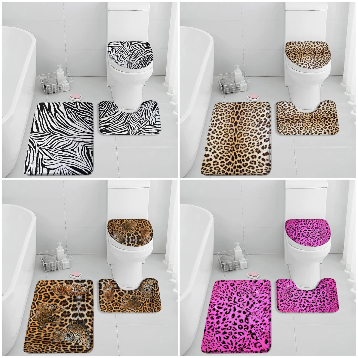 Leopard Pattern Bath Mat Set Panther Wild Animals Modern Fashion Bathroom Decorations Bathtub Rug Home Carpet Toilet Lid Cover