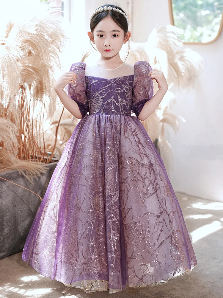 Children\'s dress for girls Wedding Flower girl Purple Sequin Beaded beauty pageant Long dress birthday party wedding ball gown