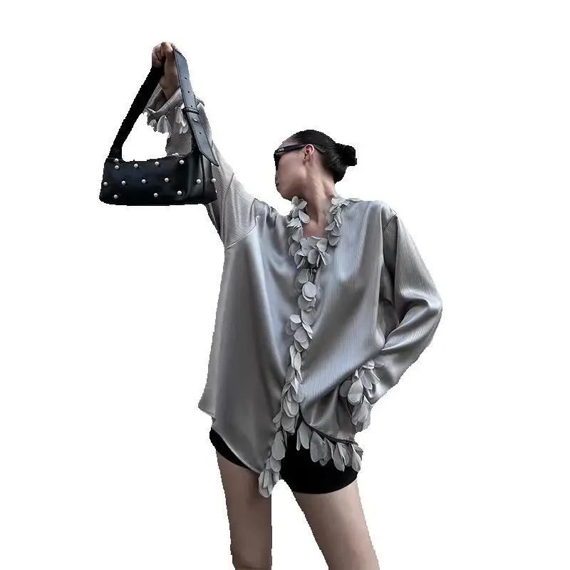 French Temperament High-End Lace V-Neck Shirt Women Spring Summer New Niche Design Loose Draped Long-Sleeved Top