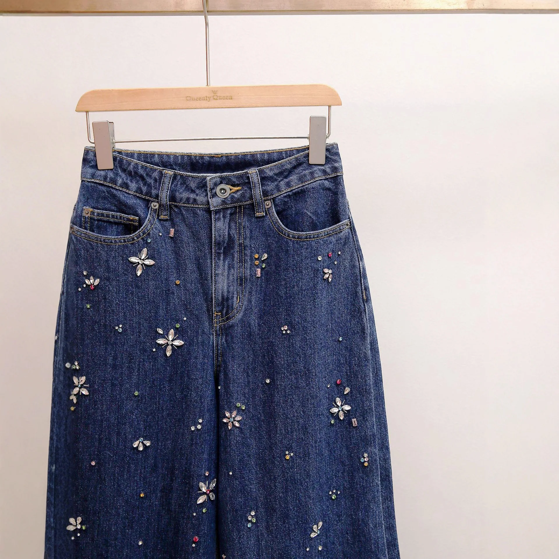 Outono novo estilo casual high-end pesado strass-embelezado a linha de cintura alta lavado azul calças de perna larga para mulher