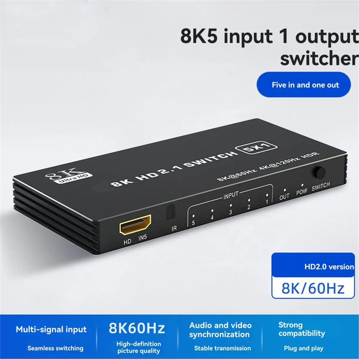 Digital Essentials 8K -Compatible 2.0 5 in 1 Out Switch Splitter 120Hz 5-Port HD 4K 120Hz Splitter -Compatible Switcher CEC 48gb