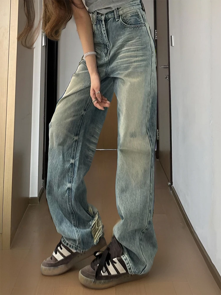 

Fuyuan American Retro Blue Hole Denim Pants Women's High Waist Straight Leg Jeans Spring Autumn New Design Slimming Effect