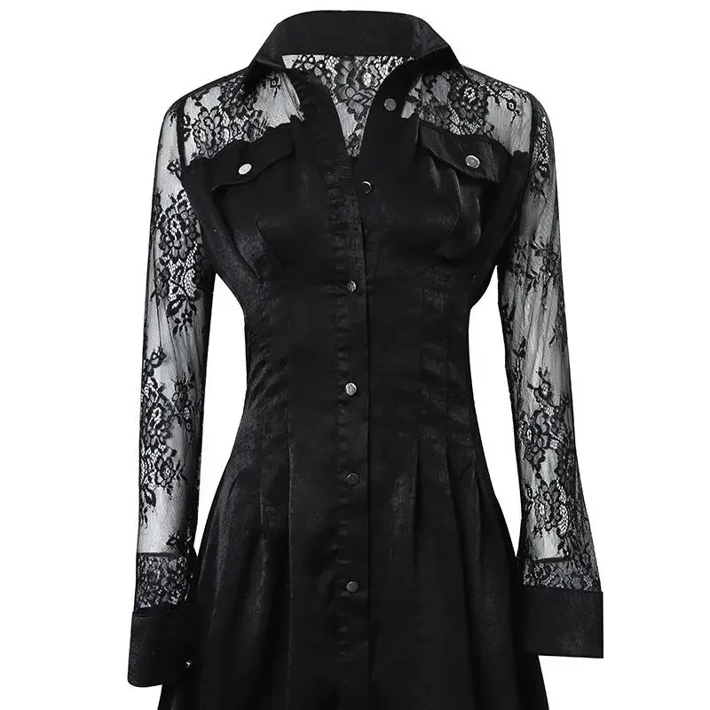 Women Dots Printed Long Sleeve Shirt Button Single Breasted Mini Bodycon Dress