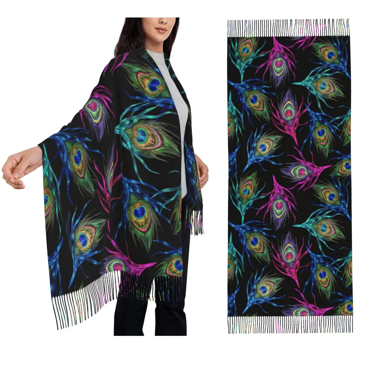 Colorful Peacock Feather Seamless Scarf Tassel Scarves for Women Soft Warm Shawls and Wraps Large Fall Winter Shawl Wrap