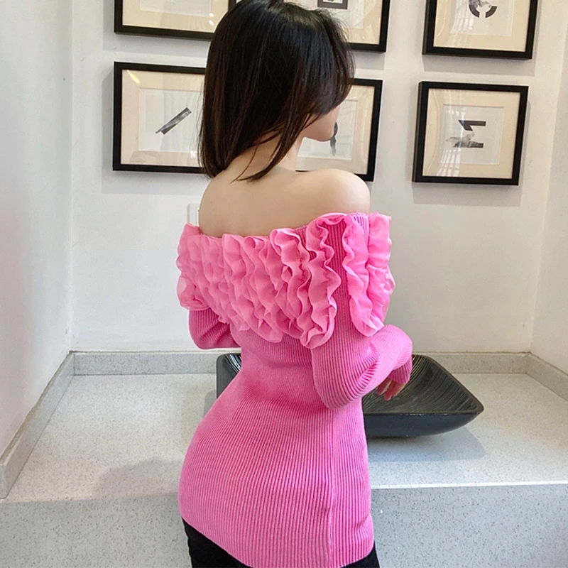 Spring Autumn High Quality Knitted T-Shirt Chic Sexy  Off Collar Ruffles Women Tops Long Sleeve Stretchy Slim Tees Pullover 3990