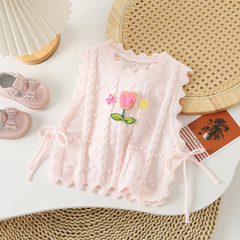 Kxkm-Girl's New in Spring and Autumn Suit Fresh Cartoon Flower Top Bottoming Shirt Two-Piece Vest Set