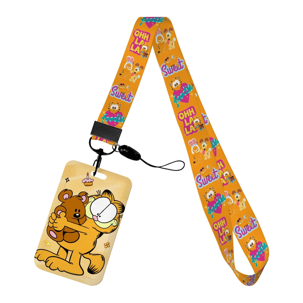 Garfield gantungan kunci binatang lucu, gantungan kunci animasi lucu, gantungan kunci kartu kredit ID, tali Lanyard untuk hadiah Aksesori kunci