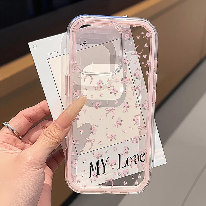 Cute Pink Bow Phone Case For iPhone 17 Pro Max Case iPhone 13 15 14 11 12 16 Pro Max Transparent 2 IN 1 Shockproof Soft Cover - náhled 2