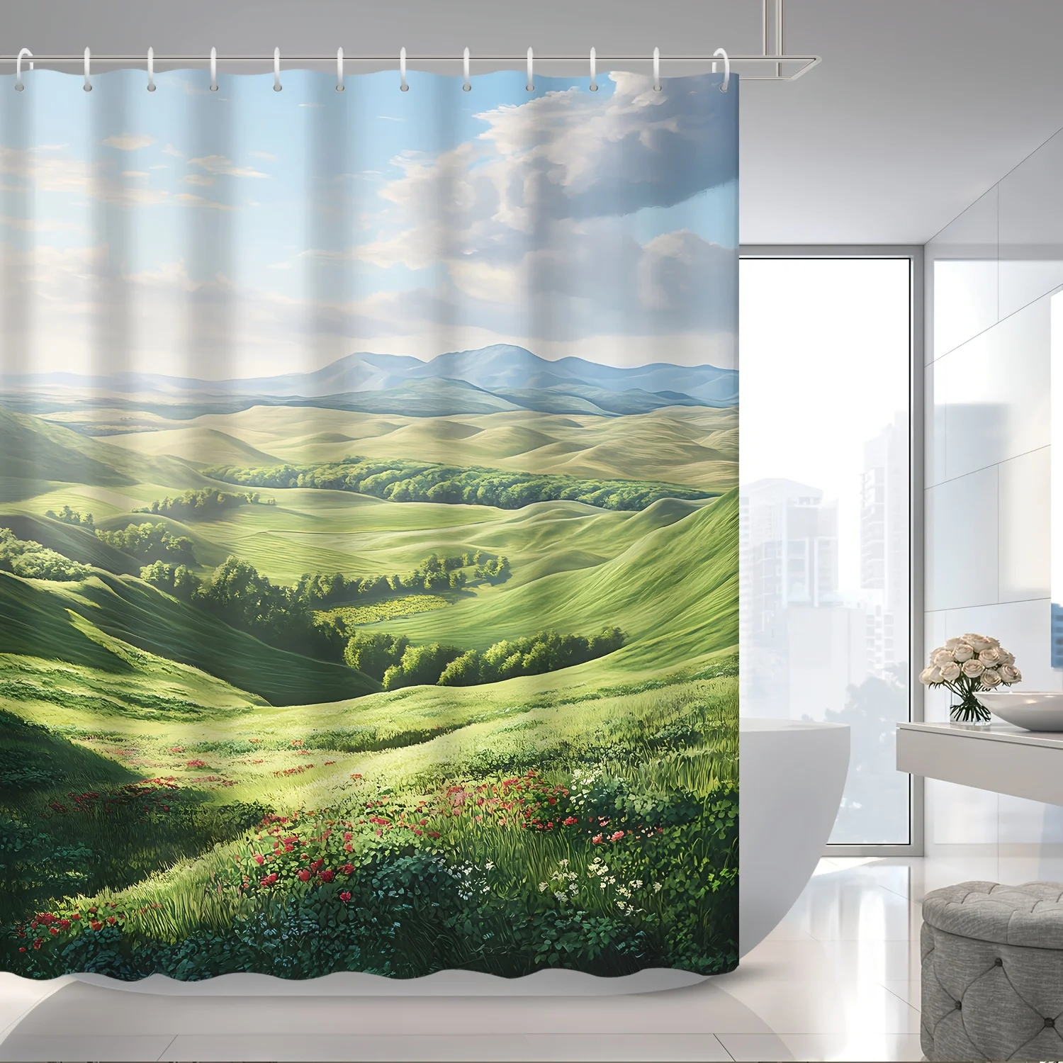 

1 шт., весенний домашний декор, зеленая трава, долина, цветы, пейзаж, голубое небо, белые облака, занавеска для душа, занавеска-перегородка, содержит