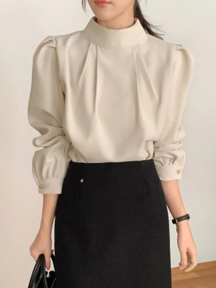 

Элегантная шикарная женская блузка с длинным рукавом, плиссированным воротником-стойкой, в французском стиле, прямого кроя, из полиэстера, с рукавами-фонариками, стандартная толщина