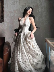 French Elegant Midi Dress Women Sleeveless beach Style Dot V-Neck Dress Evening Party One Piece Dress Vintage Chic Summer