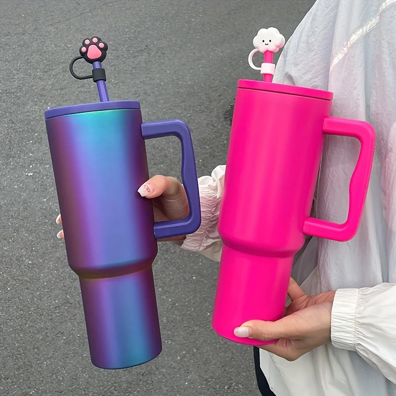 1pc Insulated Large Capacity Car Ice King Cup 40oz Stainless Steel Double Wall Vacuum Straw Cup Multi-colors with Wide Handle