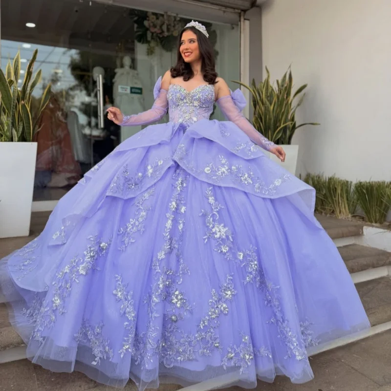 

Lavender Quinceanera Dress off-shoulder Crystal Glitter 3D Flower Lace Layering Decal Bow Long tail vestidos de 15 Quinceanera ﻿