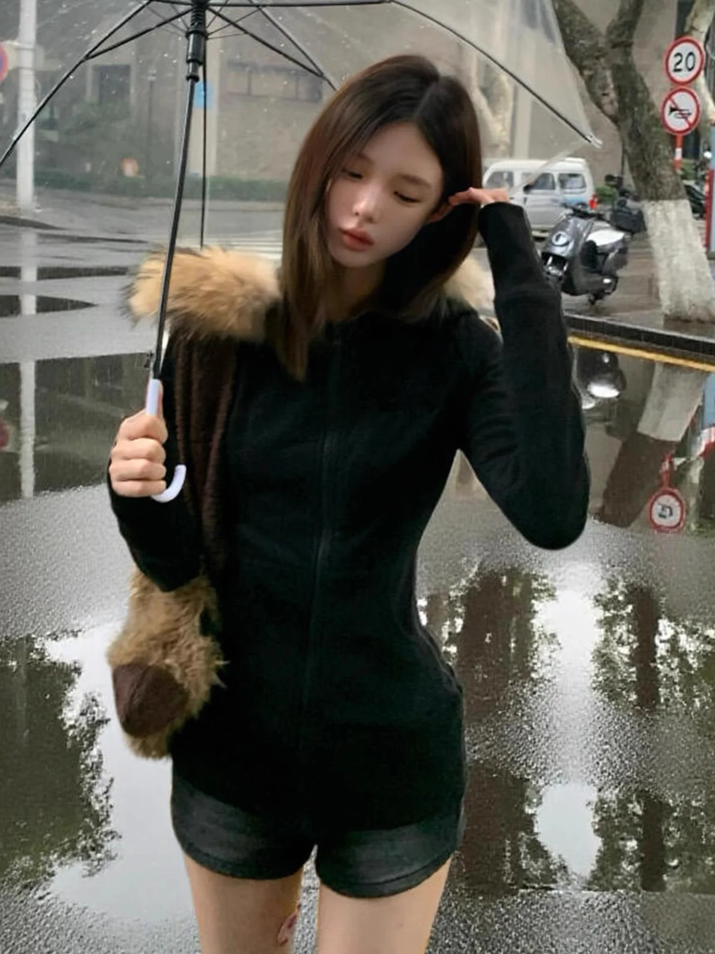 Amerikaanse Sle Hot Girl Bla Bontkraag Hoodie Jaet Vrouwen Vroege Herfst Slanke Taille ort Vest Top Pendelen Rits Lange S...