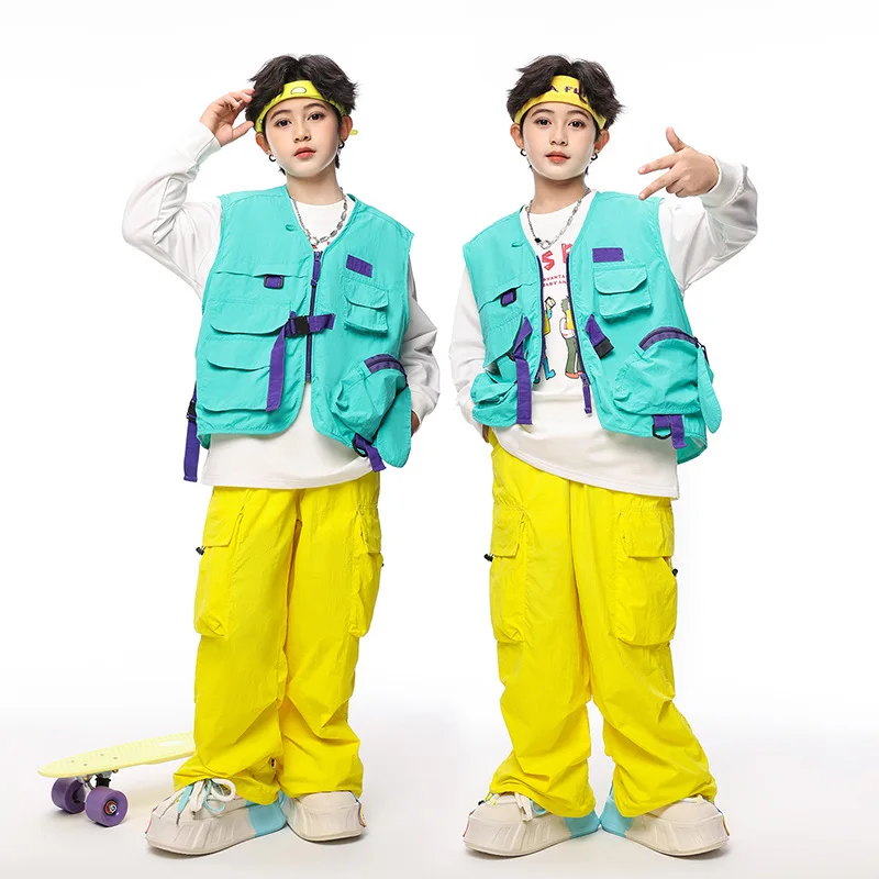 Kid Hip Hop Clothing Blue Sleeveless Jacket Vest Top Yellow Casual Wide Cargo Pants for Girl Boy Jazz Dance Wear Costume Clothes