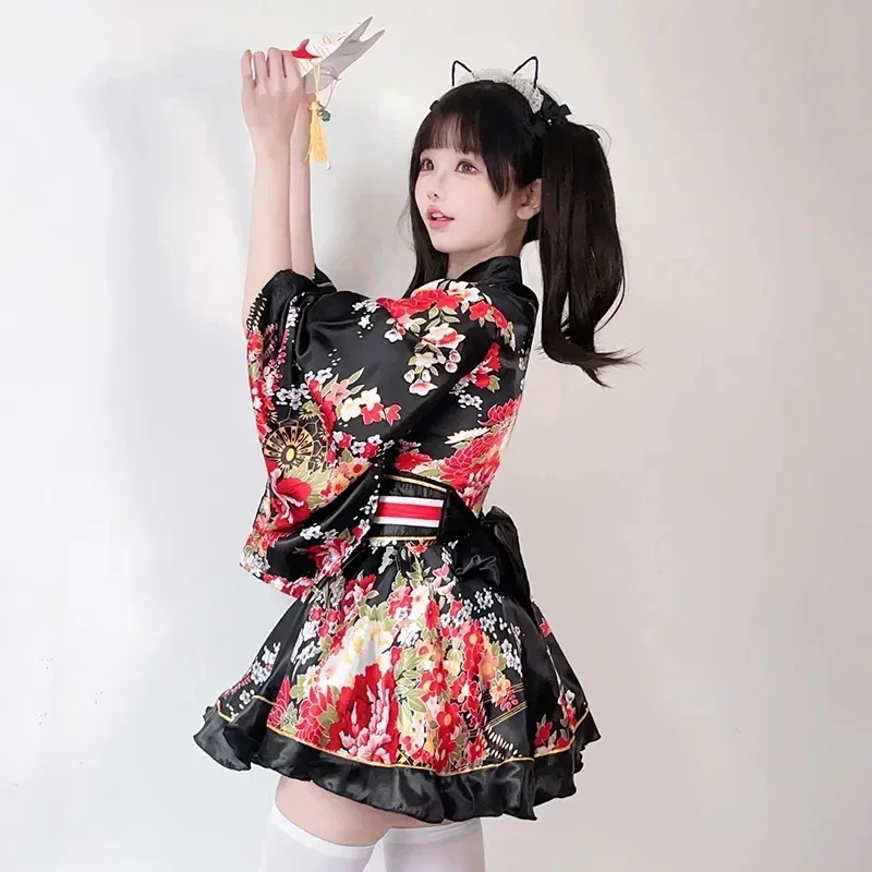 Women Japanese Kimono Yukata Robes Kawaii Girls Floral Printed Haori Suit Lovely Lolita Dress For Women Anime Halloween Costume