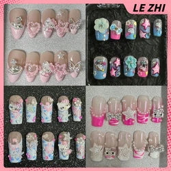 Uñas postizas 3D de Hello Kitty, Uñas postizas desmontables con forma de estrella, Bowknot, cobertura completa, clase, Reunión, fiesta, regalo, Kawaii